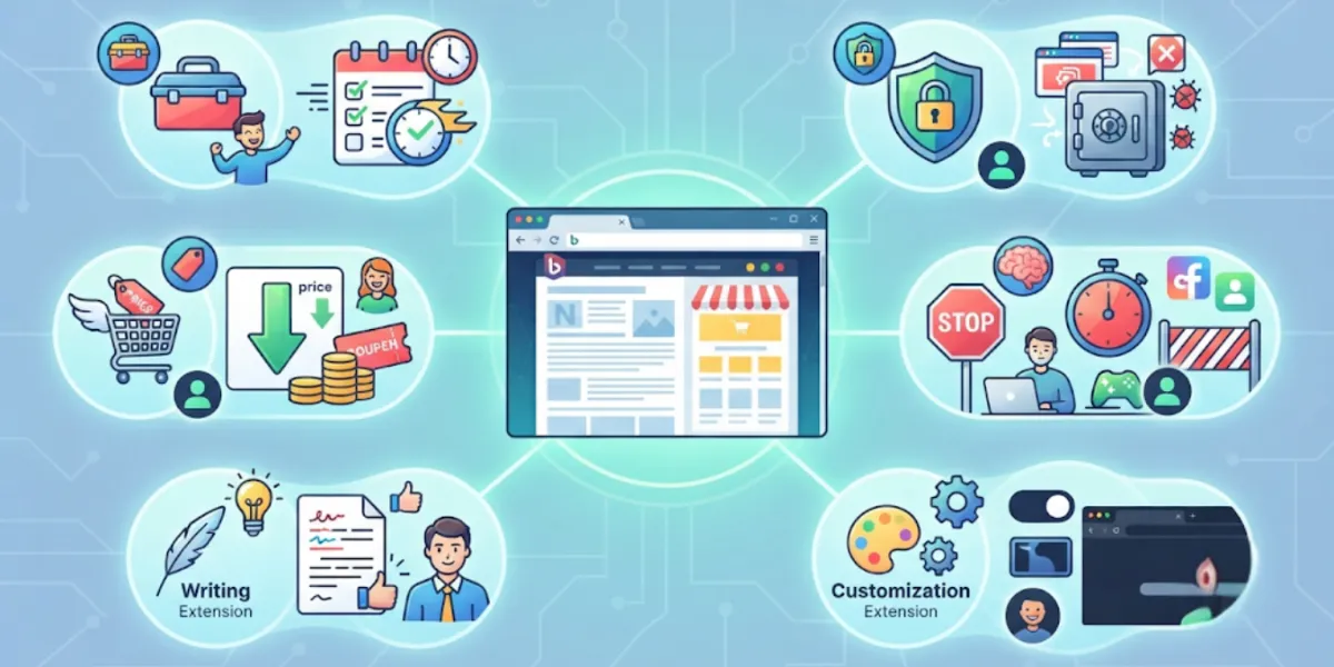 A browser window surrounded by icons representing privacy protection, shopping discounts, distraction blocking and customisation