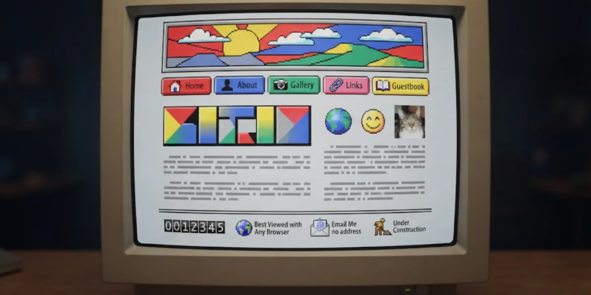 An old CRT monitor showing a cluttered late-1990s personal homepage with blocky navigation buttons, a hit counter and animated under-construction graphics